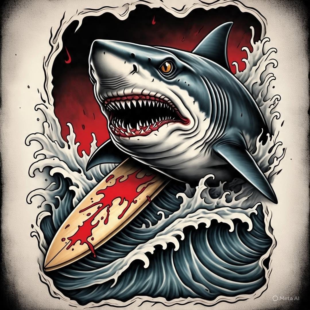 Utah Tattoo Studio and Surf Club 101 shark logo - shark and surfboard artwork by Ryan Karagory